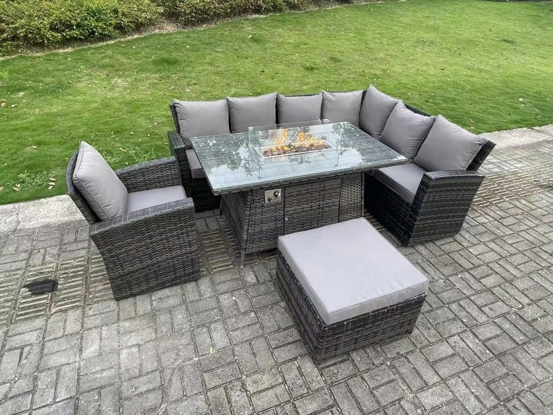 Fimous 8 Seater?Outdoor Rattan Gas Fire Pit Sofa Dining Set Garden Furniture Heater Dining Table Chair Dark Grey Mixed Right Side