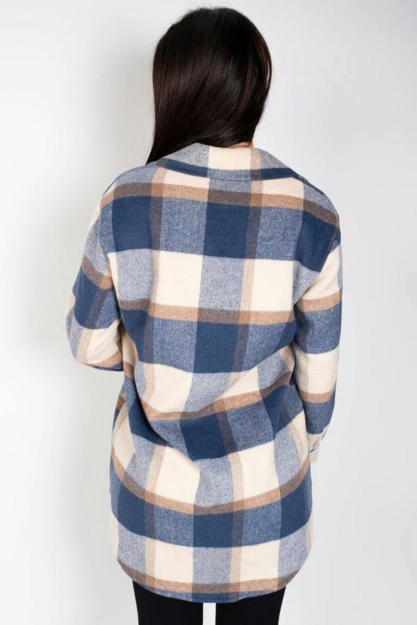 Luisa Plaid Print Long Sleeve Button Down Shacket - Blue