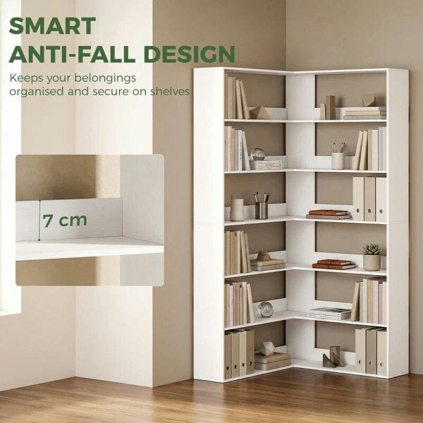 7 Tiers Bookshelf, L-Shaped Corner Bookcase with Anti-Slip Rear Guard, White Wood Effect