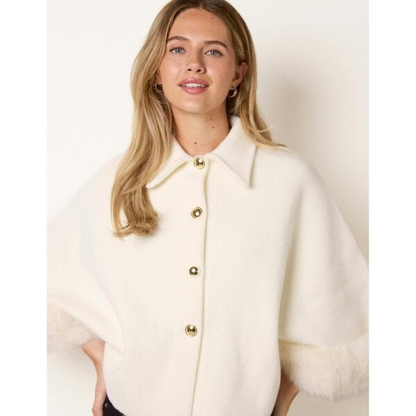 Blue Vanilla Cape Coat With Gold Button And Faux Fur Trim