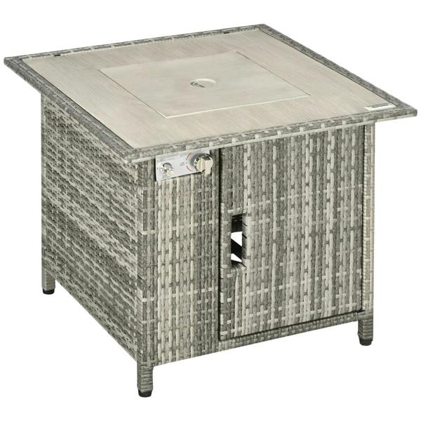 Grey PE rattan gas fire pit table with side door and clear glass windscreen