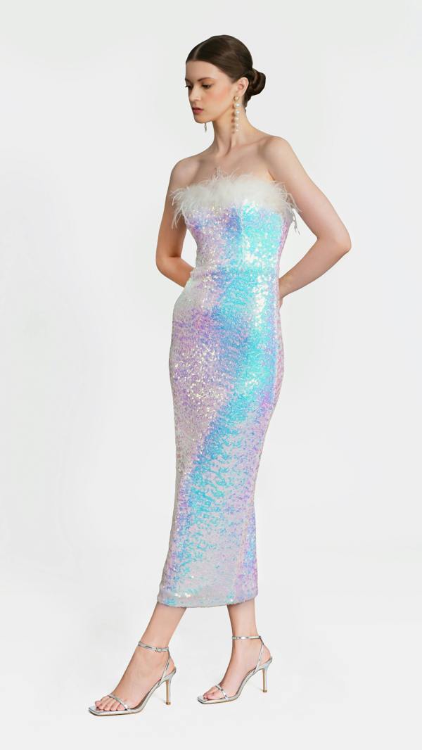 LuvForever Selene - White Bandeau Sequin Midi Dress