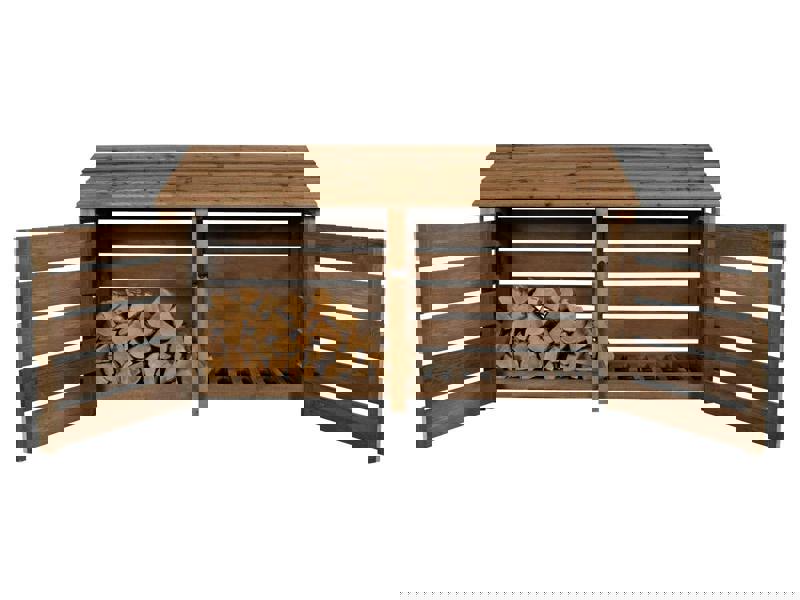 Arbor Garden Solutions Slatted Wooden Log Store with Doors W-227cm, H-126cm or 180cm, D-88cm - Brown Finish