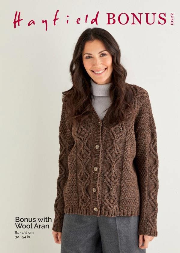 Hayfield Bonus Aran with Wool Knitting Pattern 10222, Cardigans for Women, 32 - 54 Inches