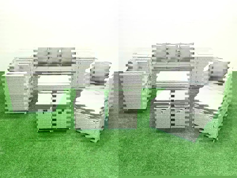 Fimous Rattan Garden Furniture Set 8 Seater Outdoor Garden Sofa Oblong Coffee Table Set with 2 Chairs 3 Stools 2 Side Tables Light Grey Mixed