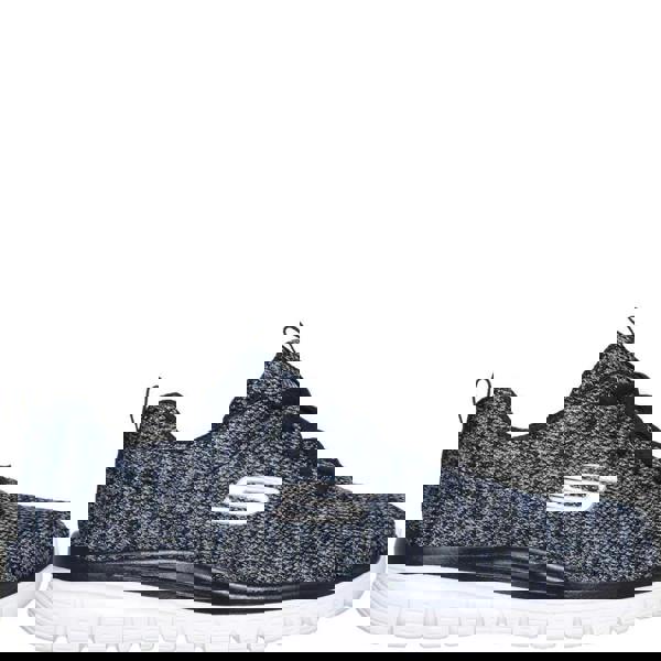 Skechers Gracefull Twisted Fortune Womens Casual Walking Trainers, a pair of stylish blue and black knitted sneakers with a white sole and Skechers logo detail.