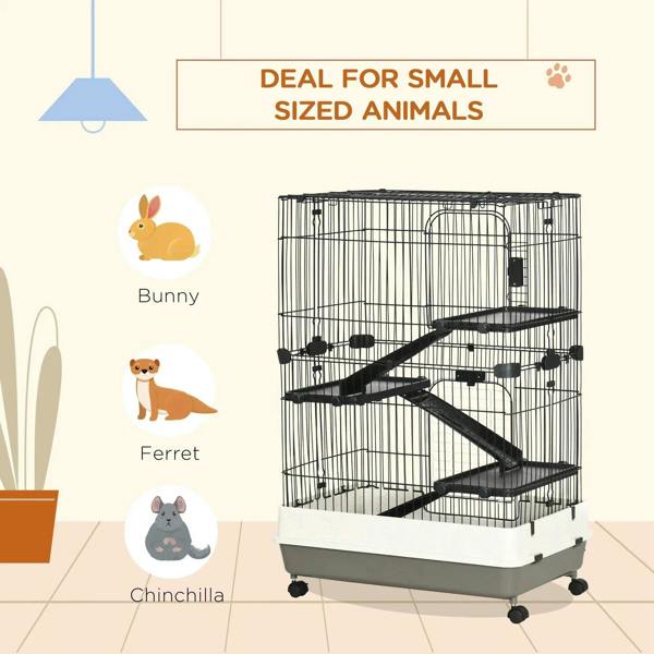Four-tier small animal cage with black wire frame, ramps, and access door