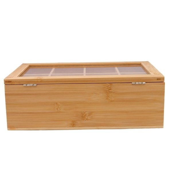 Back of wooden storage box with a acrylic lid on a white background