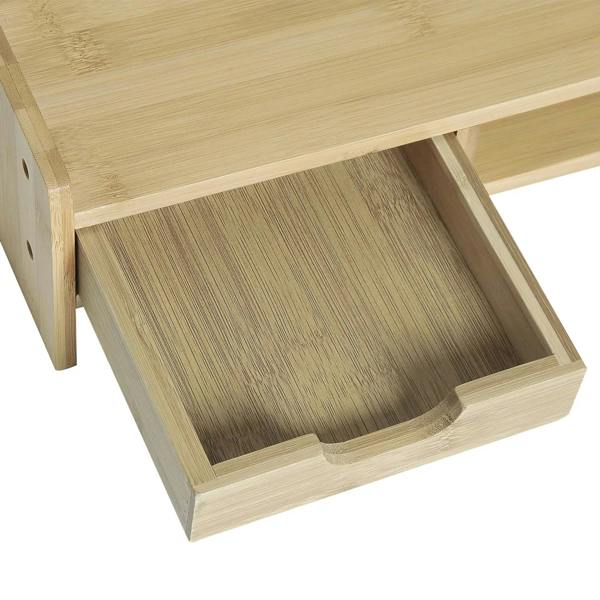 Bamboo monitor riser stand open drawer compartment with textured interior surface