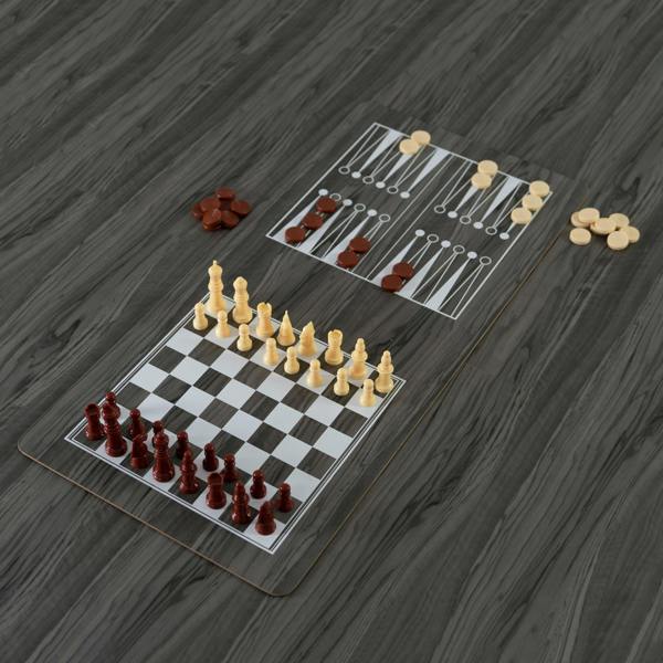 7-in-1 games table in grey featuring a chessboard and checkers layout with smooth, glossy surfaces and contrasting game pieces