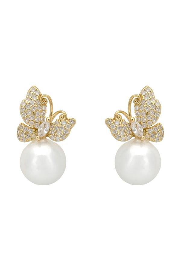 Butterfly-shaped earrings with pearls on a white background