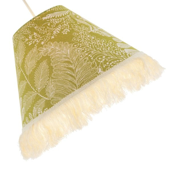 Olive Green Jacquard Linen Floral Coolie Lamp Shade with White Tassels Image 3