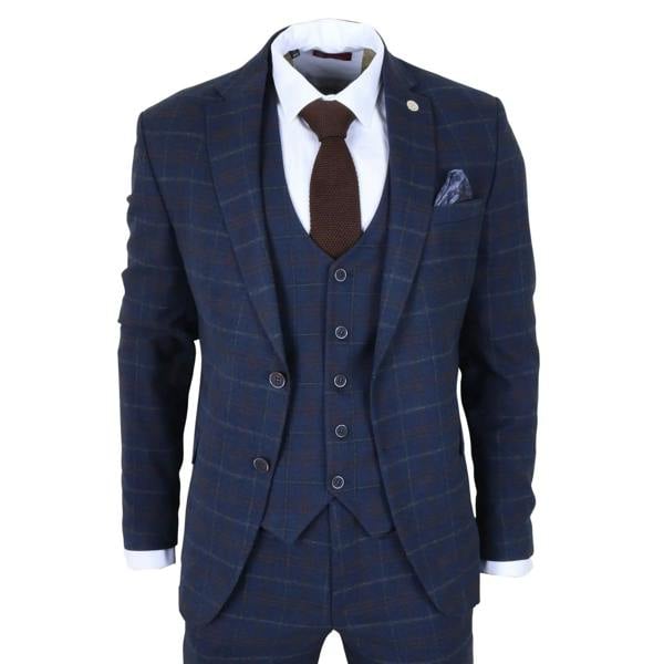 TruClothing TP-34 - Men's 3 Piece Navy Plaid Check Tailored Fit Suit