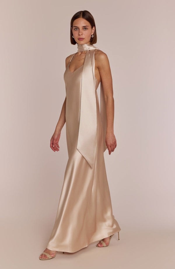 Rewritten London Brooklyn Dress in Champagne Satin