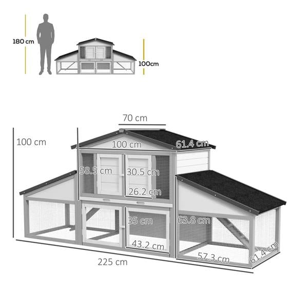 Large rabbit hutch and run with multiple levels, ramp access, and front doors