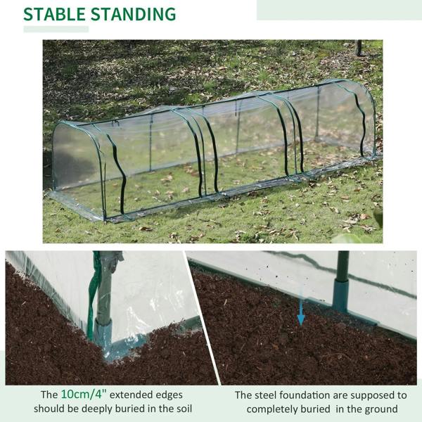 Clear mini greenhouse polytunnel with steel frame, low ground edge and extended base flaps