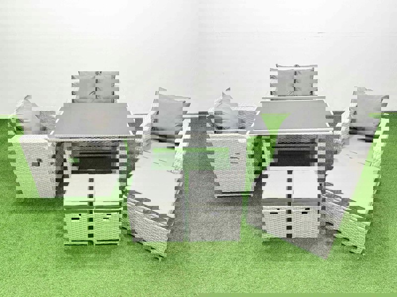 Fimous Outdoor Rattan Garden Furniture Dining Set 7 seater Patio Rectangular Table Love Sofa Reclining Chair Set with 3 Stools