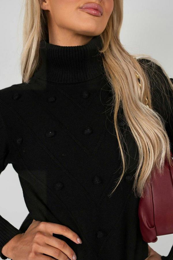 Ivanya High Neck Long Sleeve Knitted Jumper Dress With Bobble Detail - Grey