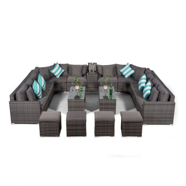 Giardino Santorini U Shape Modular 10 Seat Rattan Sofa Set With Armrest Drinks Cooler, 2 Coffee Tables & 4 Stools