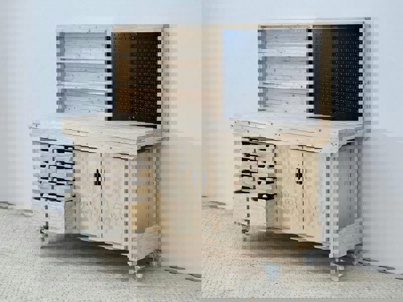 Acorn Heavy-Duty Cupboard Workbench (V.1) – Sturdy Wooden Workbench with Two-Door Cupboard, Multiple Drawers, and Optional Back Panel or Pegboard, Ideal for Garages, Workshops, and Sheds