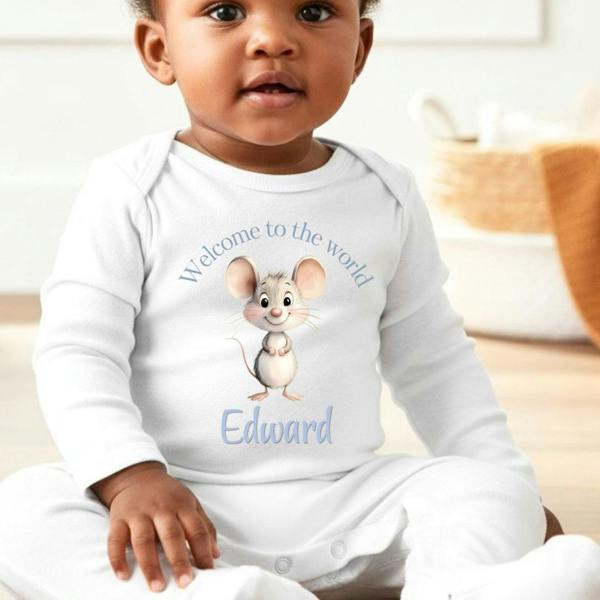Personalised Blue Mouse Welcome Baby Grow, Vest or Bib with Name