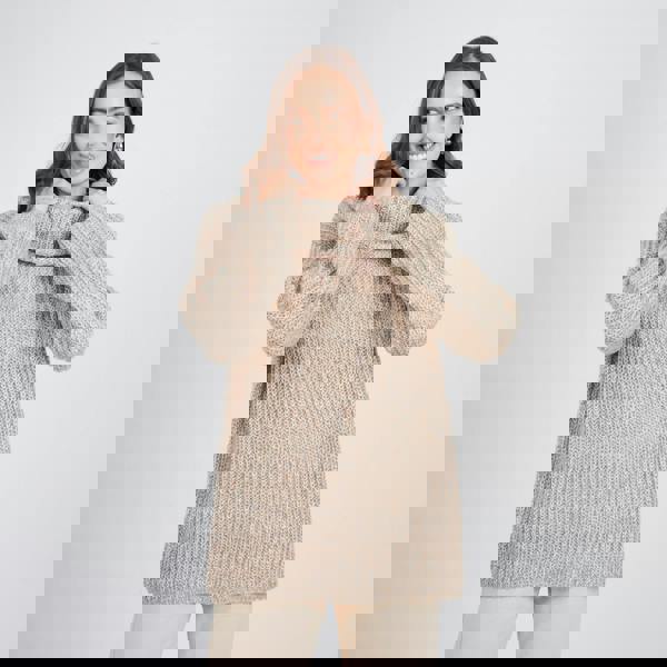 Brave Soul Stone Oversized Fisherman Knit Roll Neck Jumper - Stone Image 1