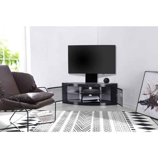 Homeology PANGEA Gloss Black Beam-Thru Curved True-Corner 32"-50" TV Cabinet with Mounting Arm