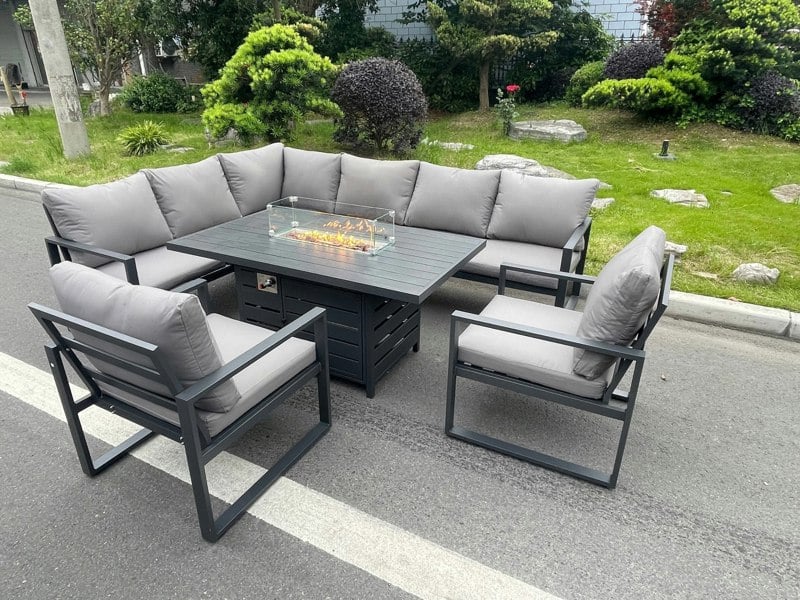 Fimous Aluminum Outdoor Garden Furniture Set Corner Sofa 2 PC Chairs Gas Fire Pit Dining Table Set Gas Heater Burner Dark Grey 8 Seater