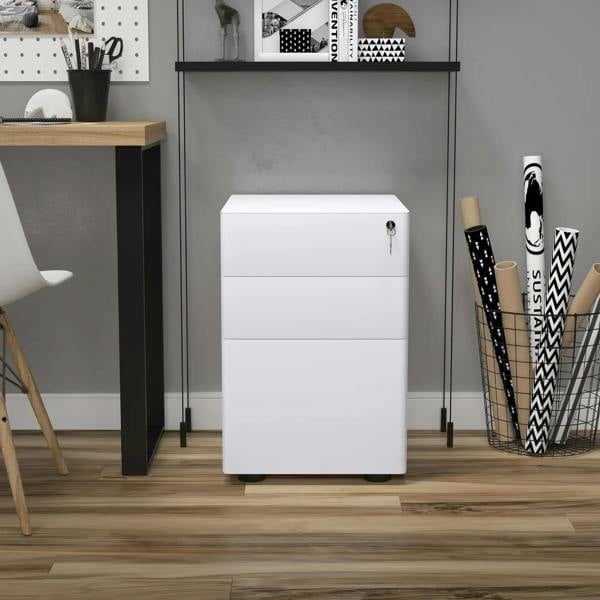 White rolling filing cabinet with three drawers and a key lock in an office corner