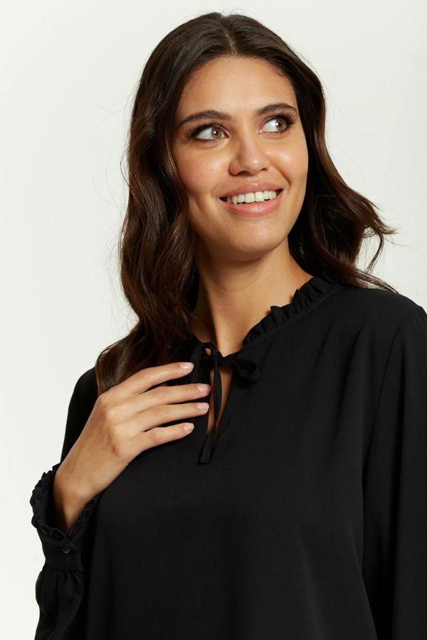 Hoxton Gal Oversized Tunic with Ruffle Neck Detailed in Black