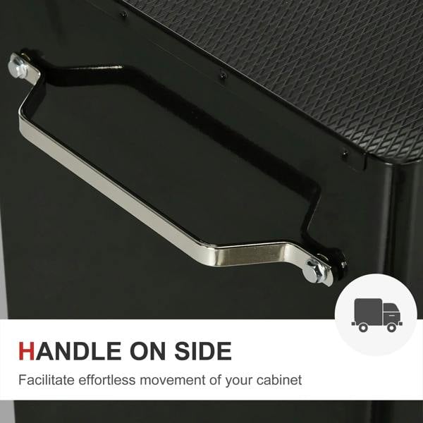 Recessed side handle on a black steel tool chest lid with diamond pattern
