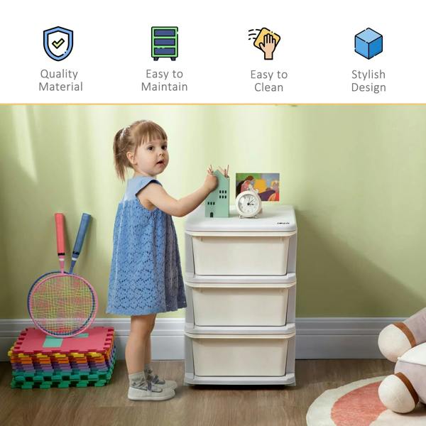 Kids three-tier storage box with cream drawers and gray frame, child using top surface