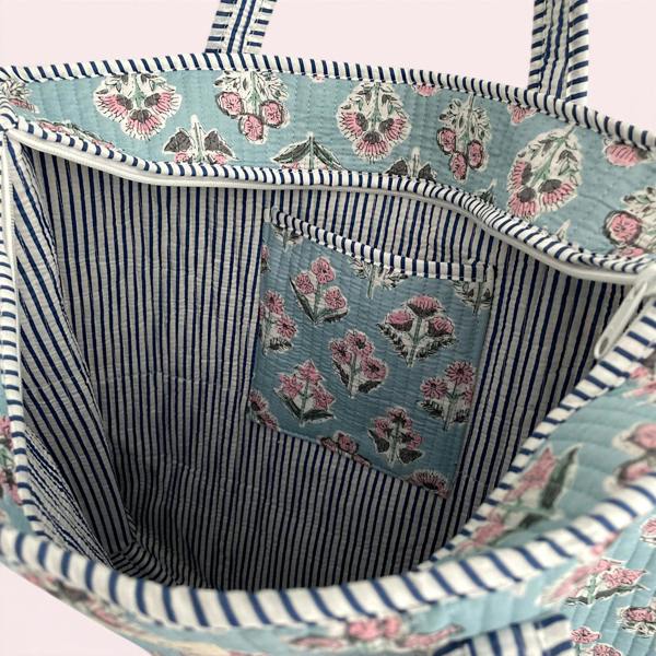 Hayley & Co Pale Blue and Pink Ditsy Floral Quilted Cotton Tote Bag