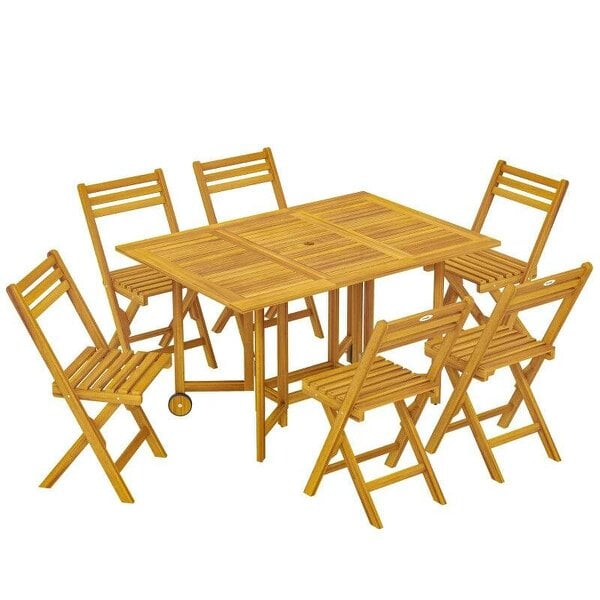 7 Pieces Garden Dining Set, Extending Dining Table and 6 Folding Chairs with Umbrella Hole for Patio, Natural Wood