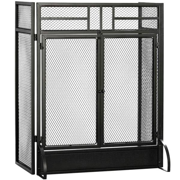 Black 3-panel folding fireplace screen with hinged double doors and metal mesh mesh