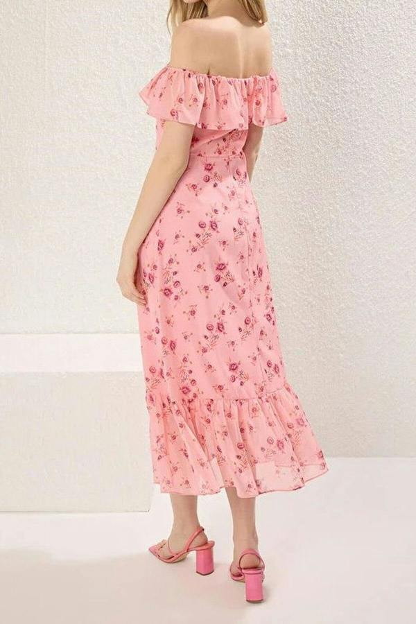 WOVCOR Floral Ruffled Chiffon Flowy Woven Midi Dress