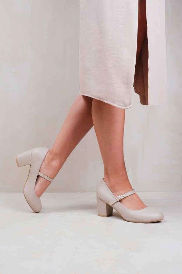 Where's That From Araceli Wide Fit Block Heel Mary Jane Pupms in Nude Faux Leather