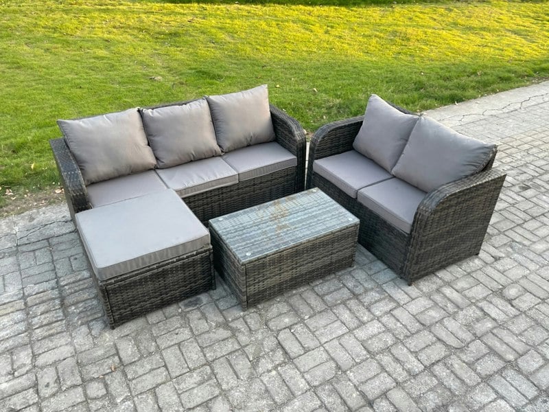 Fimous 6 Seater Rattan Wicker Garden Furniture Patio Conservatory Sofa Set with Rectangular Coffee Table 3 Seater Sofa Love Sofa Big Footstool