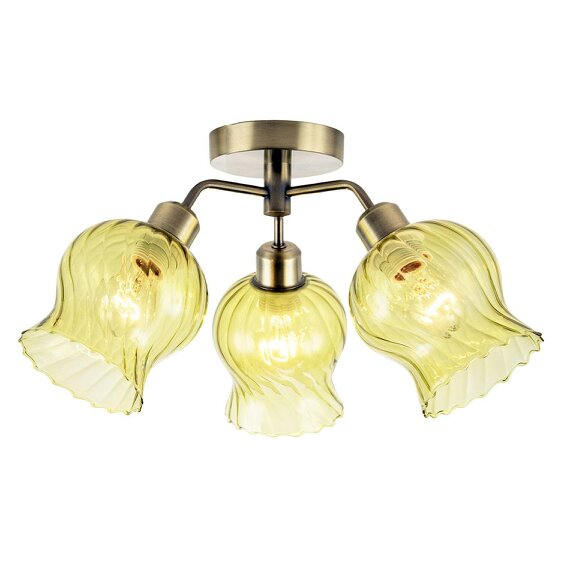 Happy Homewares Elegant Ceiling Light in Antique Brass with Green Tinted Glass Shades