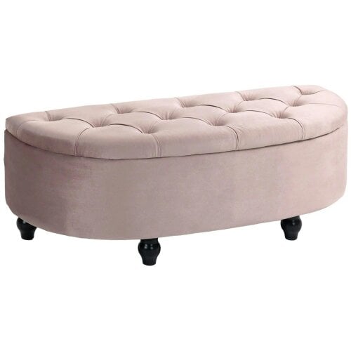 Bobobiy Semi-Circle Ottoman Storage Bench, Tufted Upholstered Window Seat Footrest Stool with Rubberwood Legs & Entryway, 120 x 46 x 42 cm, Pink
