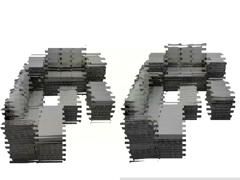 Fimous Wicker PE Rattan Garden Outdoor Furniture Set Love Sofa Square Coffee Table Set with 2 Big Stools 2 Side Tables Dark Grey Mixed