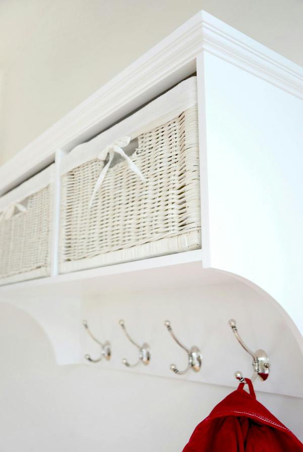 Statement Furniture Tetbury Hanging Shelf with 2 White Wicker Baskets. Wallmounted Coat Rack Assembled