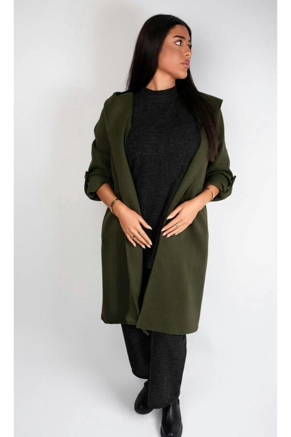 Meira Longline Hooded Coat With Rolled Sleeves - Khaki