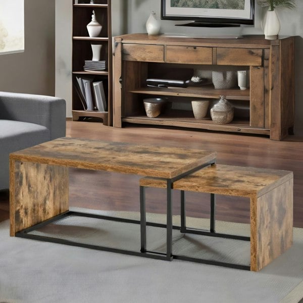 Rafaelo Mobilia Set Of 2 Nesting Tables Industrial Rustic Brown