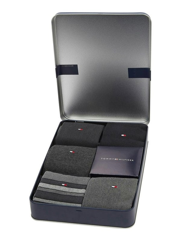 Tommy Hilfiger Men's Black & Grey 5 Pack Socks Gift Set Tin - Size 6-11 UK (Mixed Styles, Black & Greys)