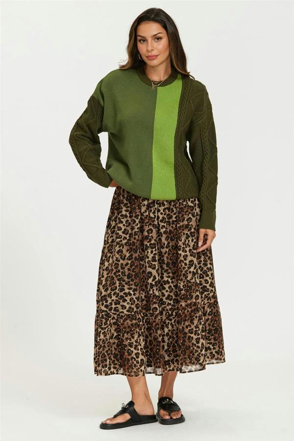 FS Collection Gold Foil Leopard Print Midi Skirt In Brown
