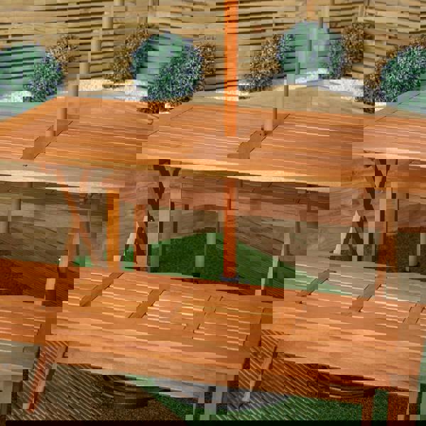 Samuel Alexander Outdoor 4 Person Rectangular Wooden Garden Dining Table, 2 Benches with Green Parasol and Base Set