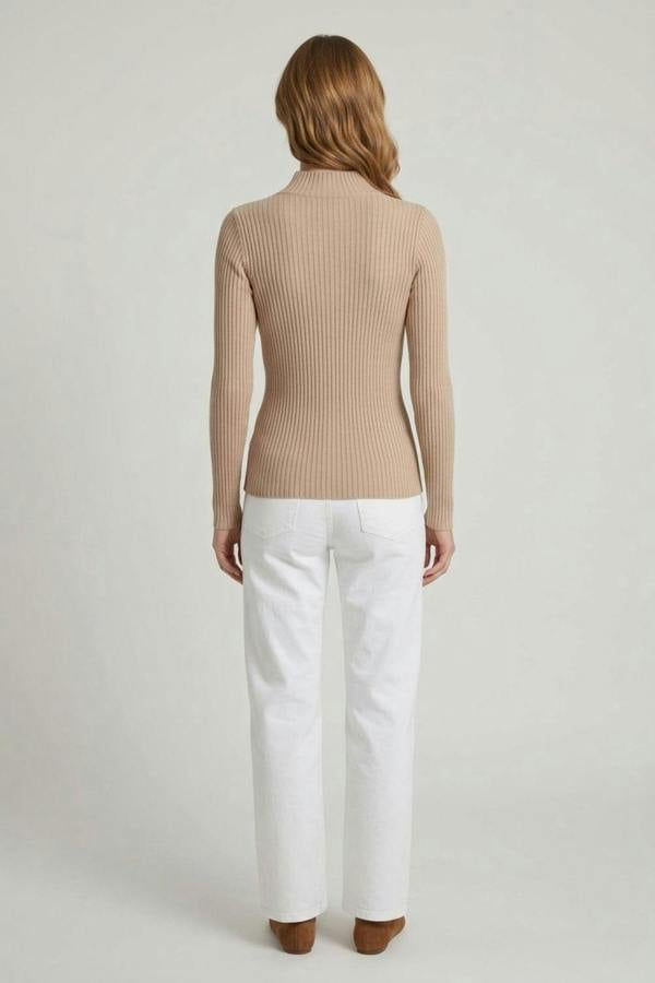 Beige | Striped Texture High Neck Slim Knit Top