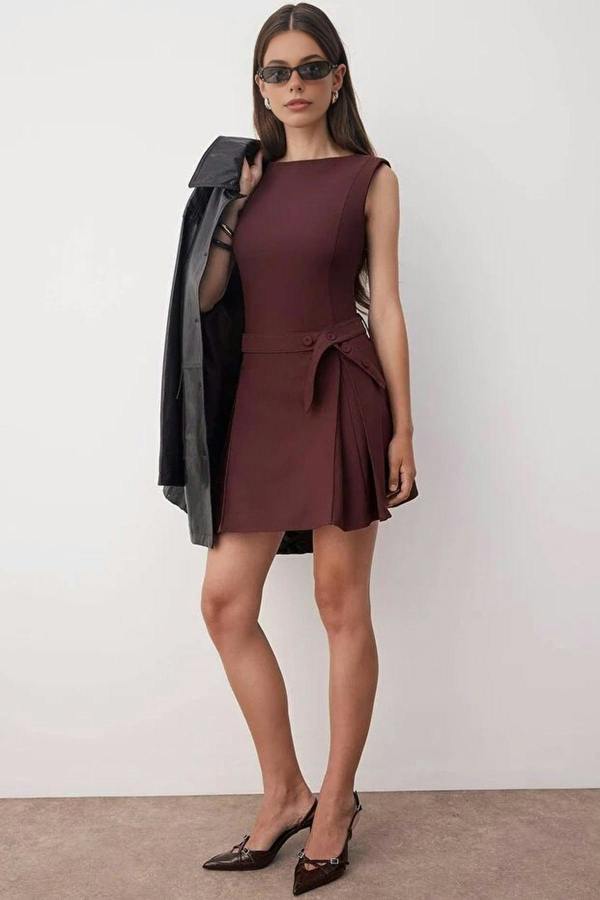 WOVCOR Belted Pleated Mini Woven Dress