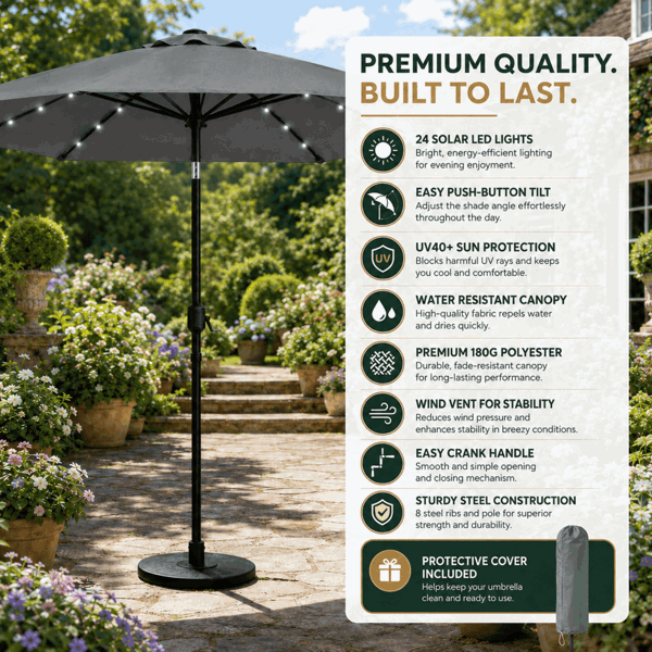 GlamHaus Garden Parasol Solar LED 2.7M ,Tilting Table Umbrella with Crank Handle, Protection UV40, Free Parasol Cover- Dark Grey